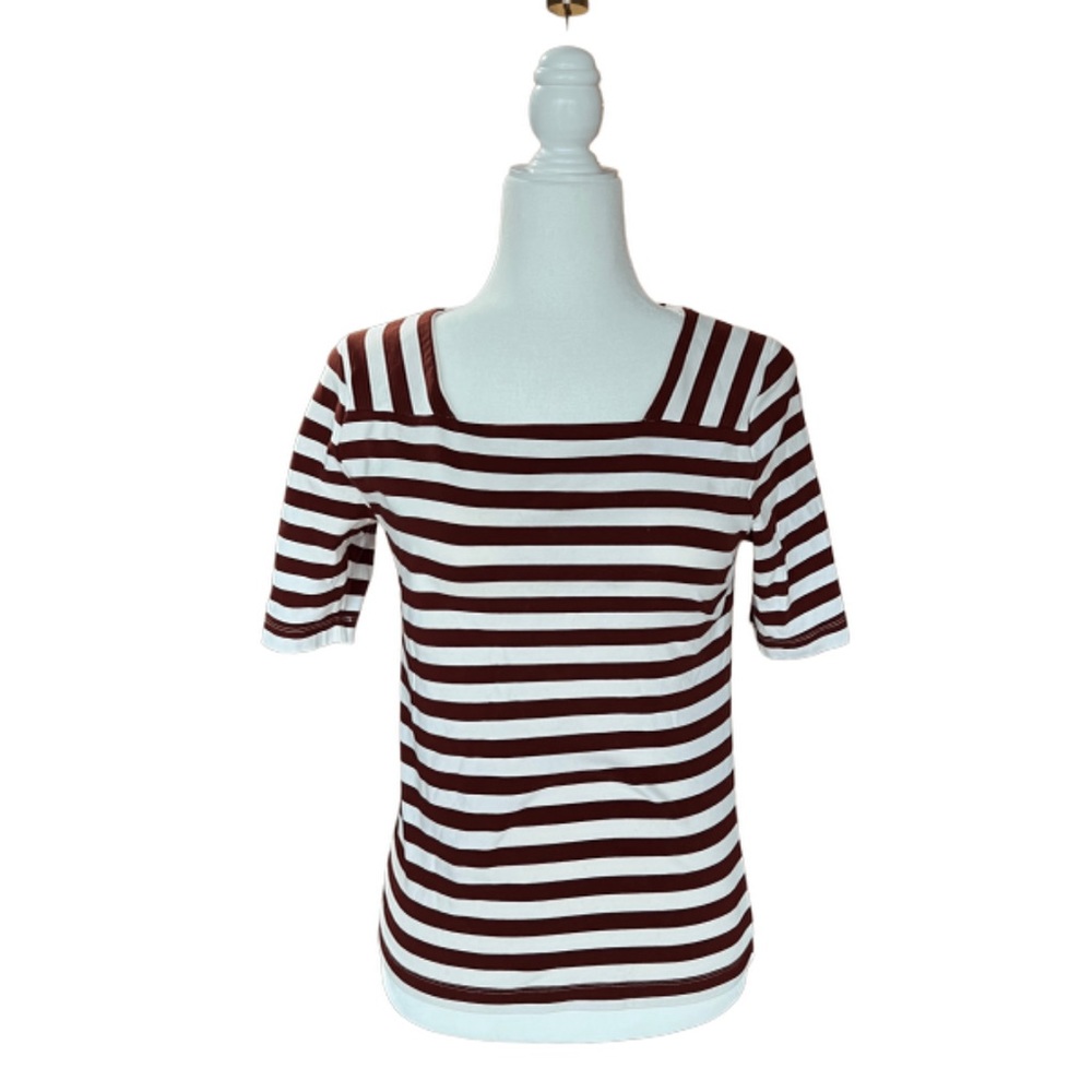Ann Taylor Square Boat Neck Striped White and Red Blouse Size Small